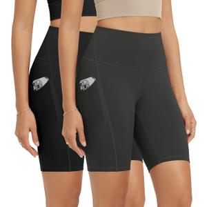 ODODOS 2-Pack High Waist Workout Shorts with Pockets for Women 6"/8" Inseam Tummy Control Gym Athletic Biker Shorts (Black, XS)