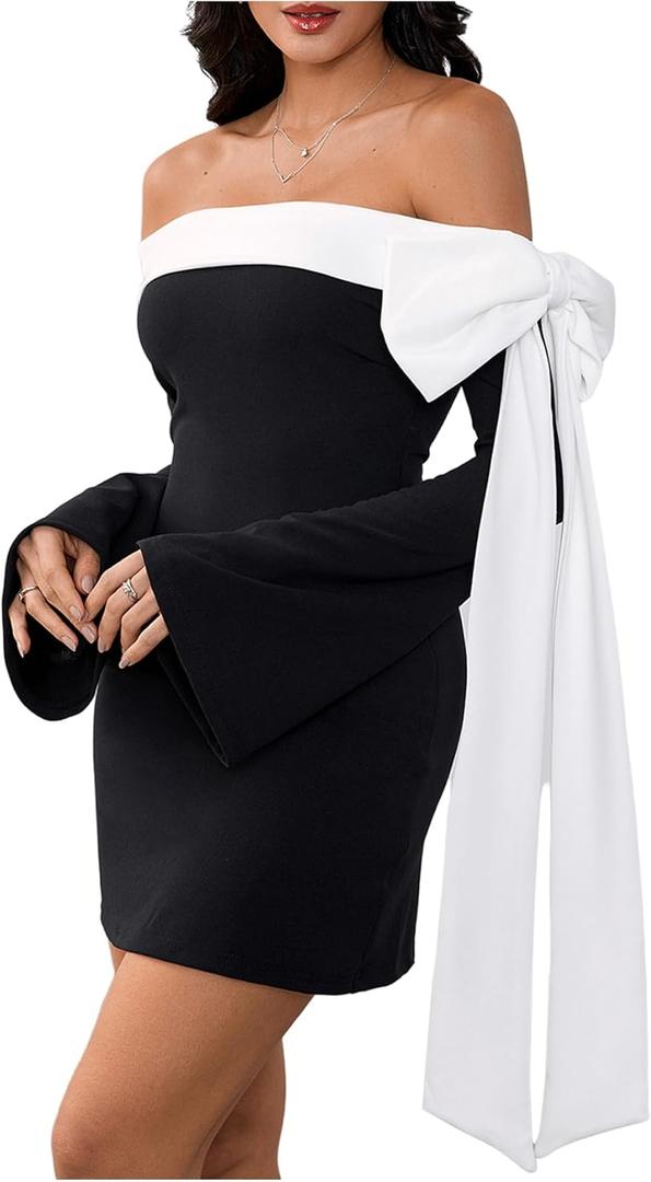MakeMeChic Women's Off The Shoulder Bell Sleeve Mini Dress Bowknot Cocktail Party Bodycon Dresses (Large, Black and White)