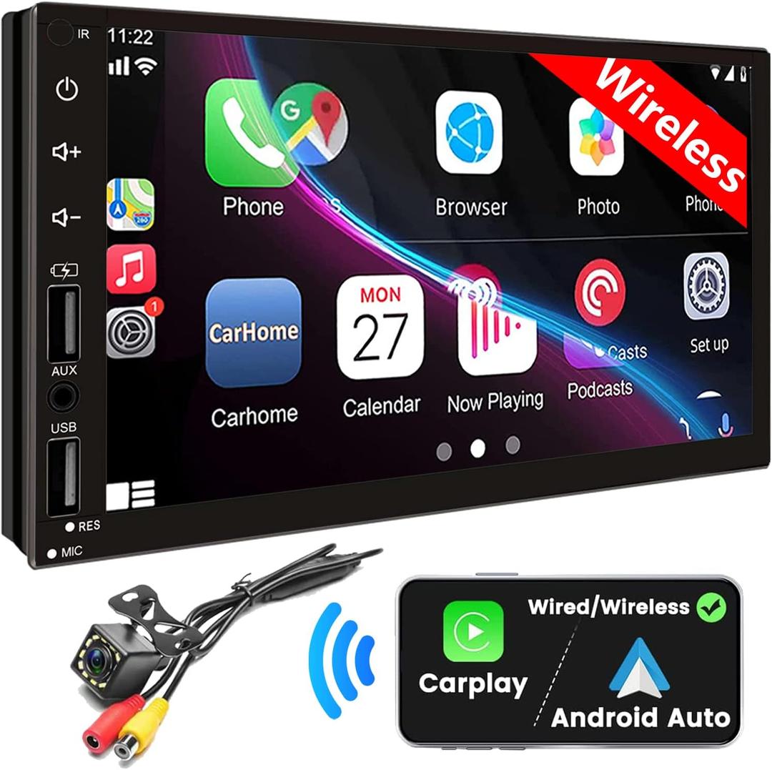 Double Din Car Stereo with Wireless Apple CarPlay & Android Auto, 7inch Touchscreen Car Audio Receiver, Wireless Car Radio with Bluetooth, Backup Camera/ Mirrorlink/ FM/ SWC/ Subwoofer/ 2 USB/ AUX Input