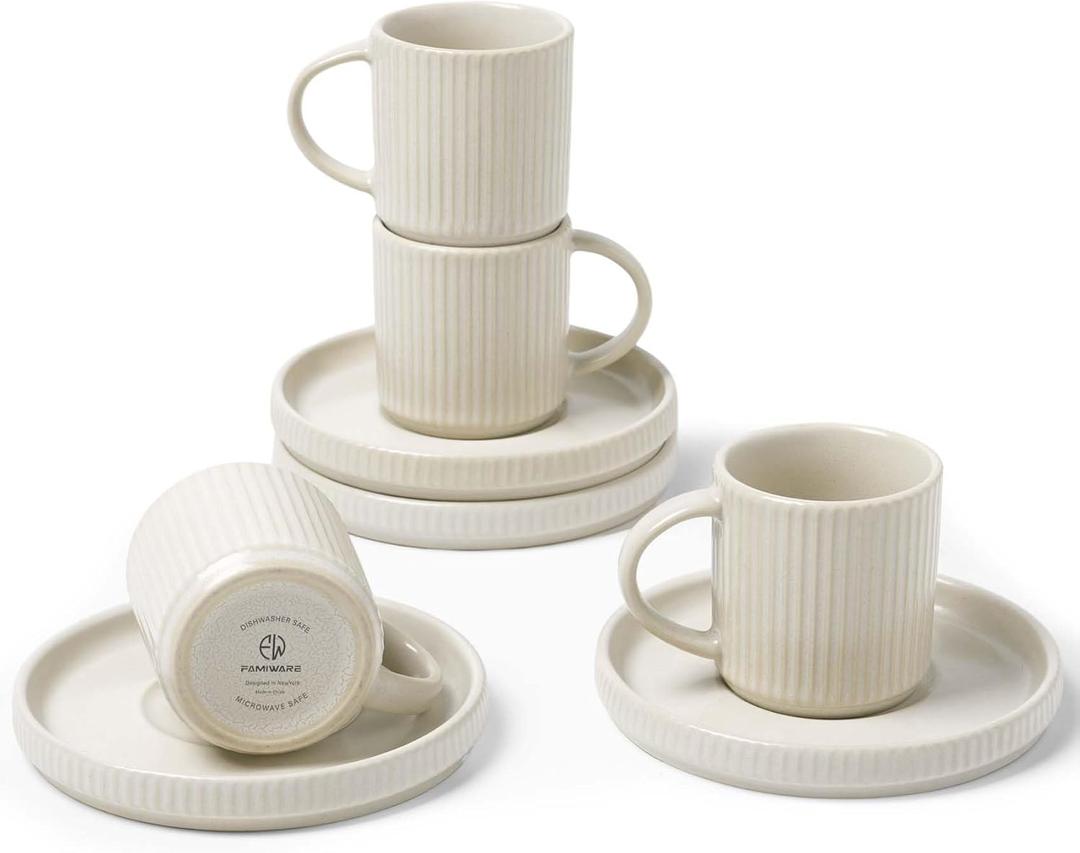 famiware Star Espresso Cups and Saucers Set of 4, [ Mini ] 3 oz Ceramic Small Coffee Mug with Handle, Ribbed Stoneware Demitasse Cup for Tea, Latte - Microwave & Dishwasher Safe - Matte White