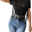 OYOANGLE Women's Fringes Mesh Sheer Crop Top See Through Short Sleeve Crew Neck Shirts Streetwear (Large, Black)