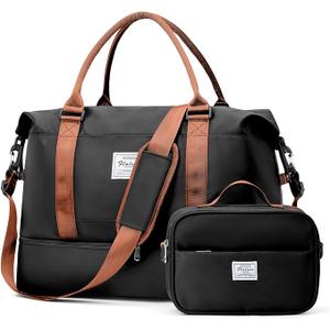 Weekender Bags for Women, Travel Duffel Bags with Shoe Compartment,Personal Item Travel Bag for Airlines, Carry on Overnight Tote Bag for Women with Toiletry Bag，Black&Brown