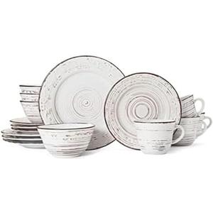 Pfaltzgraff Trellis White 16-Piece Stoneware Dinnerware Set, Service for 4, Distressed White Finish, Microwave & Dishwasher Safe Plates and Bowls