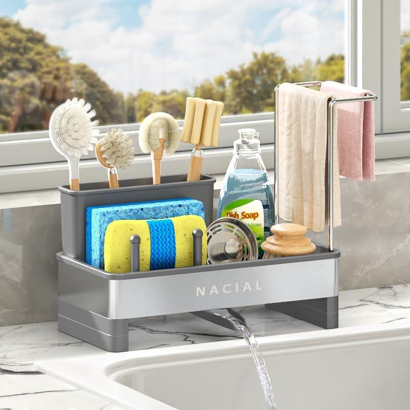 Nacial Sponge Holder for Kitchen Sink, Sink Caddy Organizer with High Brush Holder, Two Towel Racks & Soap Dispenser- Rustproof 304 Stainless Steel Kitchen Countertop Storage Essentials - Gris Nacial Sponge Holder for Kitchen Sink, Sink Caddy Organizer with High Brush Holder, Two Towel Racks & Soap Dispenser- Rustproof 304 Stainless Steel Kitchen Countertop Storage Essentials - Gris