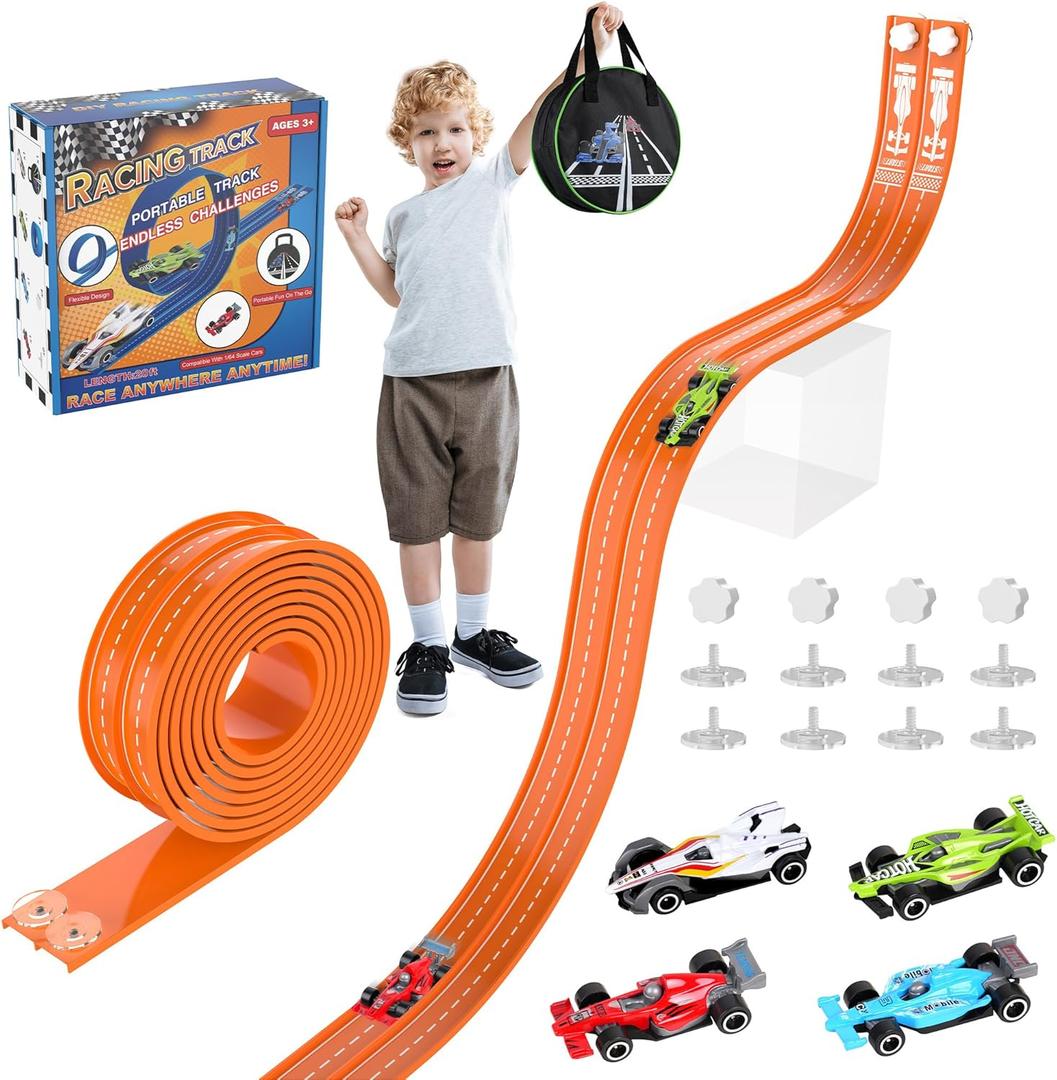 20Ft Flexible Race Track, Slot Car Race Track Set for Kids Ages 3+,Dual Racing Game 2 High-Speed Cars 1/64 Scale, w/8 Suction Cups,4 Alloy Cars Ideal Christmas Birthday Gift for Boys & Girls (Orange)