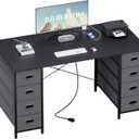 Pamray 47 Inch Computer Desk with 8 Fabric Drawers and Power Outlet PC Gaming Desk Home Office Study Work Writing Table for Bedroom Black