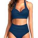Tempt Me Women's Vintage Swimsuits Deep Indigo Blue Retro Halter Ruched High Waist Bikini with Bottom XL