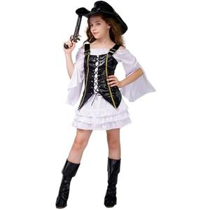 Tempura Little Girl Halloween Costume Pirate Dress Long Sleeve Lace Midi Dress+Cosplay Party Club Vest+Waist Belt+Headwear 14-16Age White