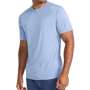 Reebok Men's Small Logo Short Sleeve Crewneck T-Shirt, Standard Fit, Breathable Lightweight Stretch Knit Fabric (Blue), L