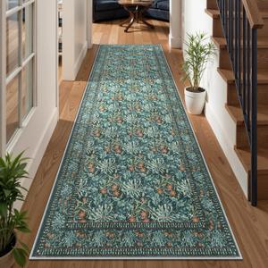 Uphome Botanical Floral Runners for Hallways, 2'6x8 Washable Kitchen Runner Rugs Non Slip, Long Soft Entryway Runner Rug Low Pile, Vintage Floor Carpet for Hallways Bedroom Bathroom, Green/Teal