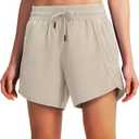 Ksmien Women's 5" Athletic Running Shorts Quick Dry Lightweight Workout Gym Shorts with Zipper Pockets UPF 50+, 5 Inch, XLarge, Khaki