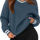 PRETTYGARDEN Women's Oversized Sweatshirts Casual Long Sleeve Stripes Knit V Neck Pullover Top Fall Teens Preppy Clothes (Grey Blue)