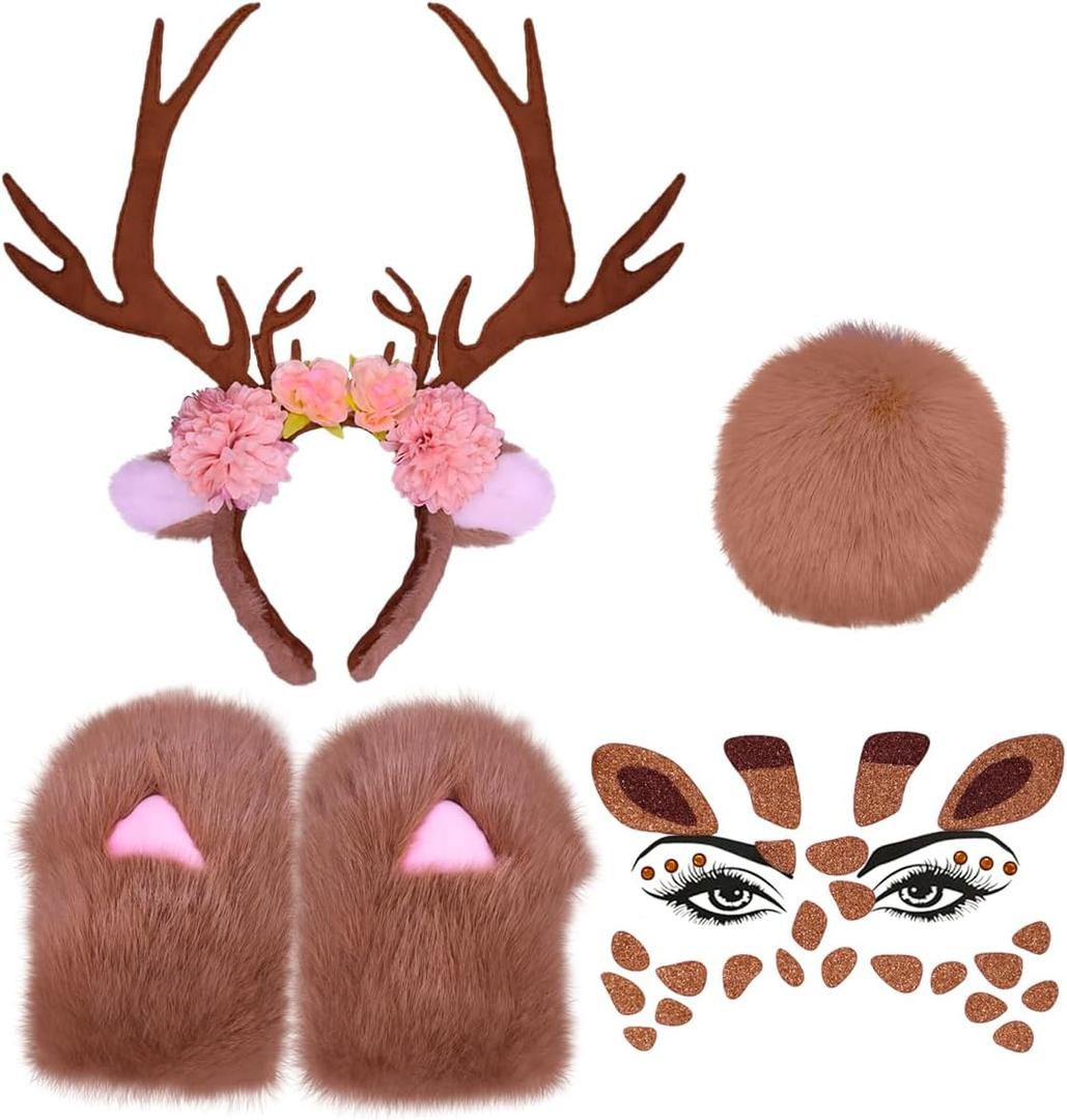 Christmas Reindeer Antlers Headband,Tail,Paws,Face Stickers, Halloween Festival Parties Dress up