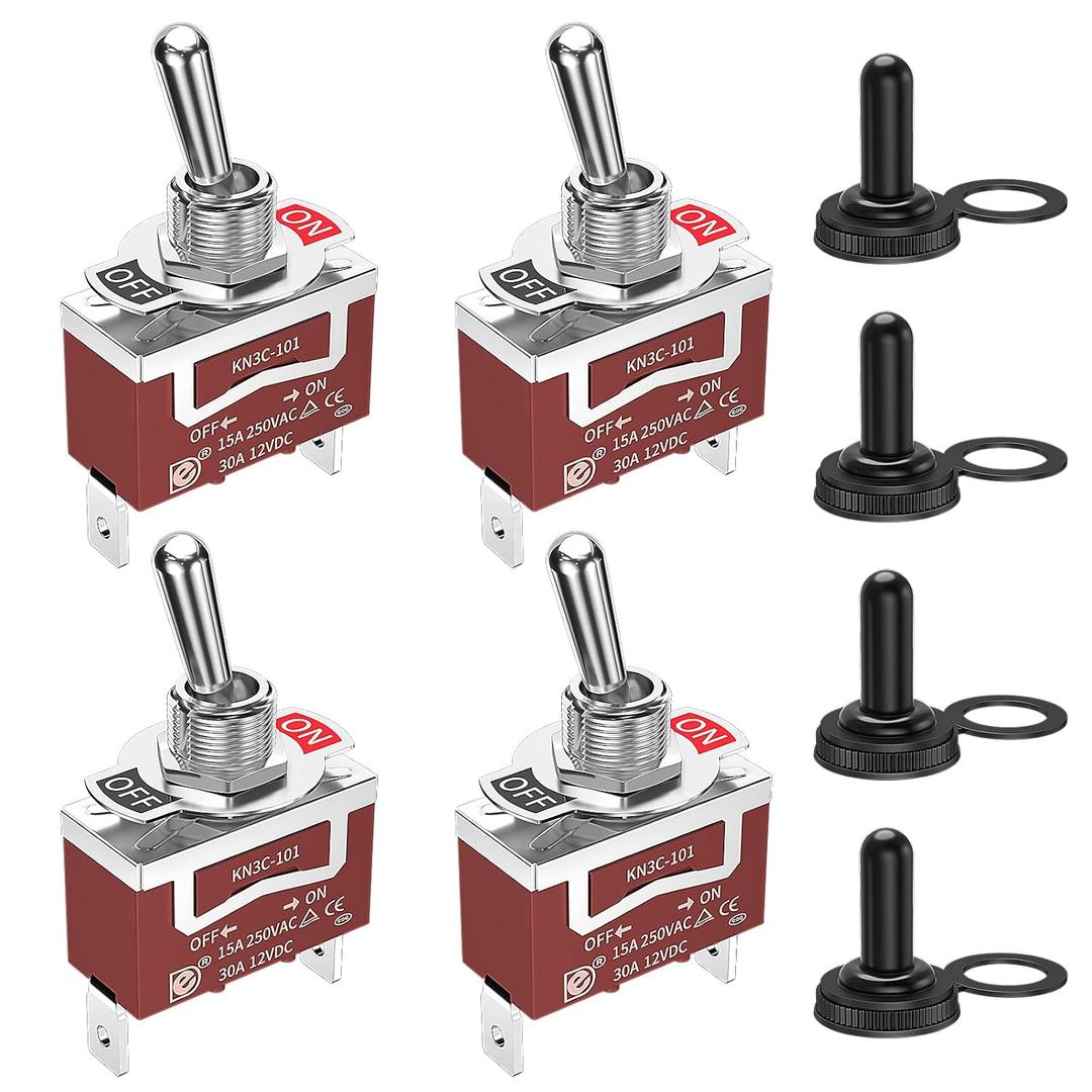 RVBOATPAT Waterproof Toggle Switch 12V Marine Boat Automotive Car SPST 2 Pin ON Off Toggle Switch with Boot Cover 30A 12 Volt 120V Heavy Duty -4pcs