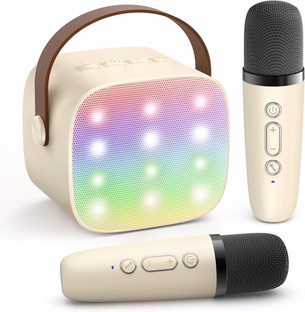 Mini Karaoke Machine with 2 Wireless Microphones for Kids Adults, Portable Bluetooth Speaker Gift for Girls Toys 4, 5, 6, 7, 8, 10, 12+ Years Old Teens Birthday (Beige)
