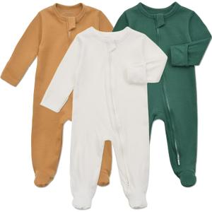 Aablexema Baby Footie Pajama with Mitten Cuffs, Double Zipper Infant Cotton clothes Sleeper Pjs, Footed Sleep Play (6-9 Months, White & Green & Khaki)
