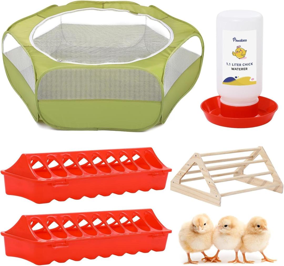 Pawaboo Chick Brooder Box for Chick Starter Kit, Brooder Pen/Chicken Supplies Brooders Box with Chicks Perch Brooding Up to 15 Chicks, Duck and Quail, Green + Red + Wood Color