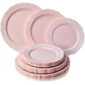 Vintage Collection Blush Plastic Plates Combo Set - 10.25"(7 Pieces), 9"(10 Pieces), 7.5", (5 Pieces ) - Ideal for Weddings, Anniversaries, Birthdays & Special Celebrations