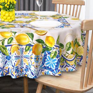 Lemon Tablecloth 60 Inch Round, Yellow and Blue Mediterranean Summer Decor Tile Flower Pattern Table Cloth Italian Themed Decor for Party Table Cover for Dining Room