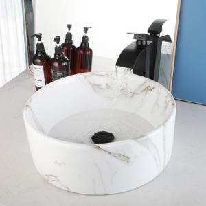 Bathroom Vessel Sink With Black Faucet And Drain White Marble Ceramic Vessel Sink 16 inch Round Vessel Sink Above Counter Bowl Sinks For Bathroom White Bathroom Sink Round Bathroom Basin Sink