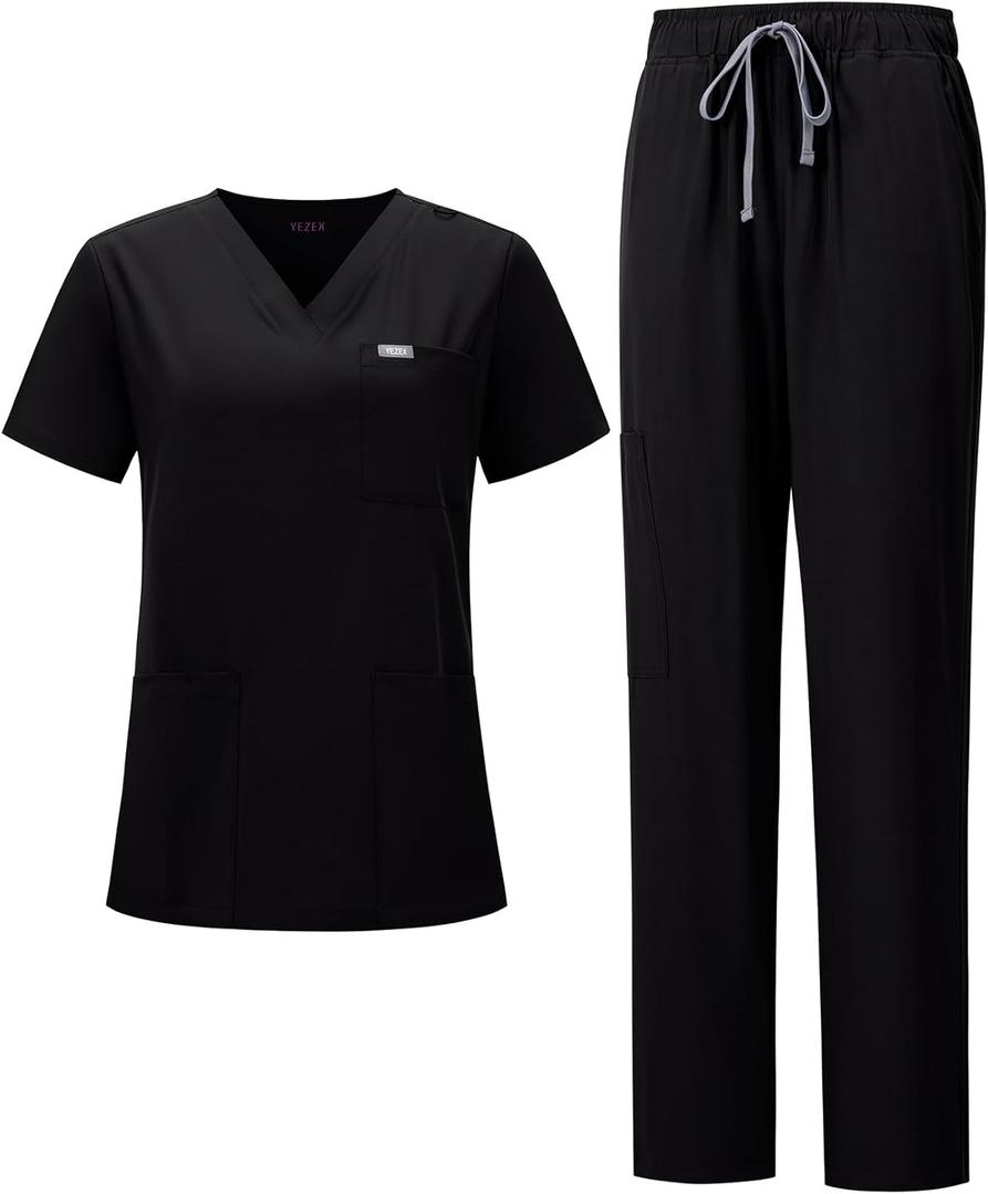 Women's Ultra-Light Medical Scrub Set-130GSM Summer Cooling Fabric-4-Way Stretch, Cargo Pants & V-Neck Top-6-Pocket (3X-Large, Black)