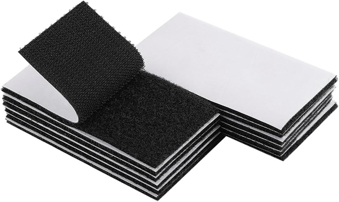Melsan 2x4 Inch Adhesive Square Hook and Loop Tape - 12 Sets - Sticky Back Fastener for Indoor or Outdoor Use - Instead of Holes and Screws, Black