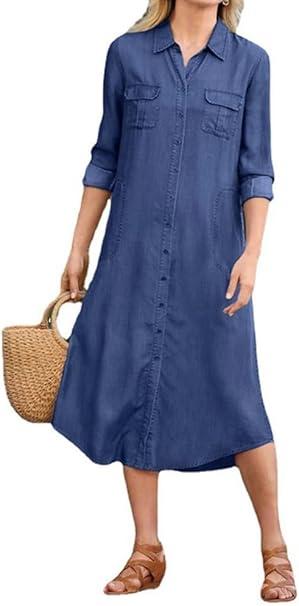 chouyatou Women's Summer Casual Denim Shirt Dress Loose Fit Button Down Midi Long Tunic Jean Dress