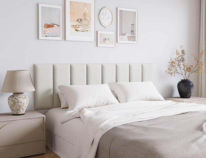 Leather White Upholstered Queen Size Headboard, 12 Panels Peel and Stick Wall Bed Panels, Tufted Decorative Backboard for Modern Bedrooms, 10"x24" Each, Leather - White
 