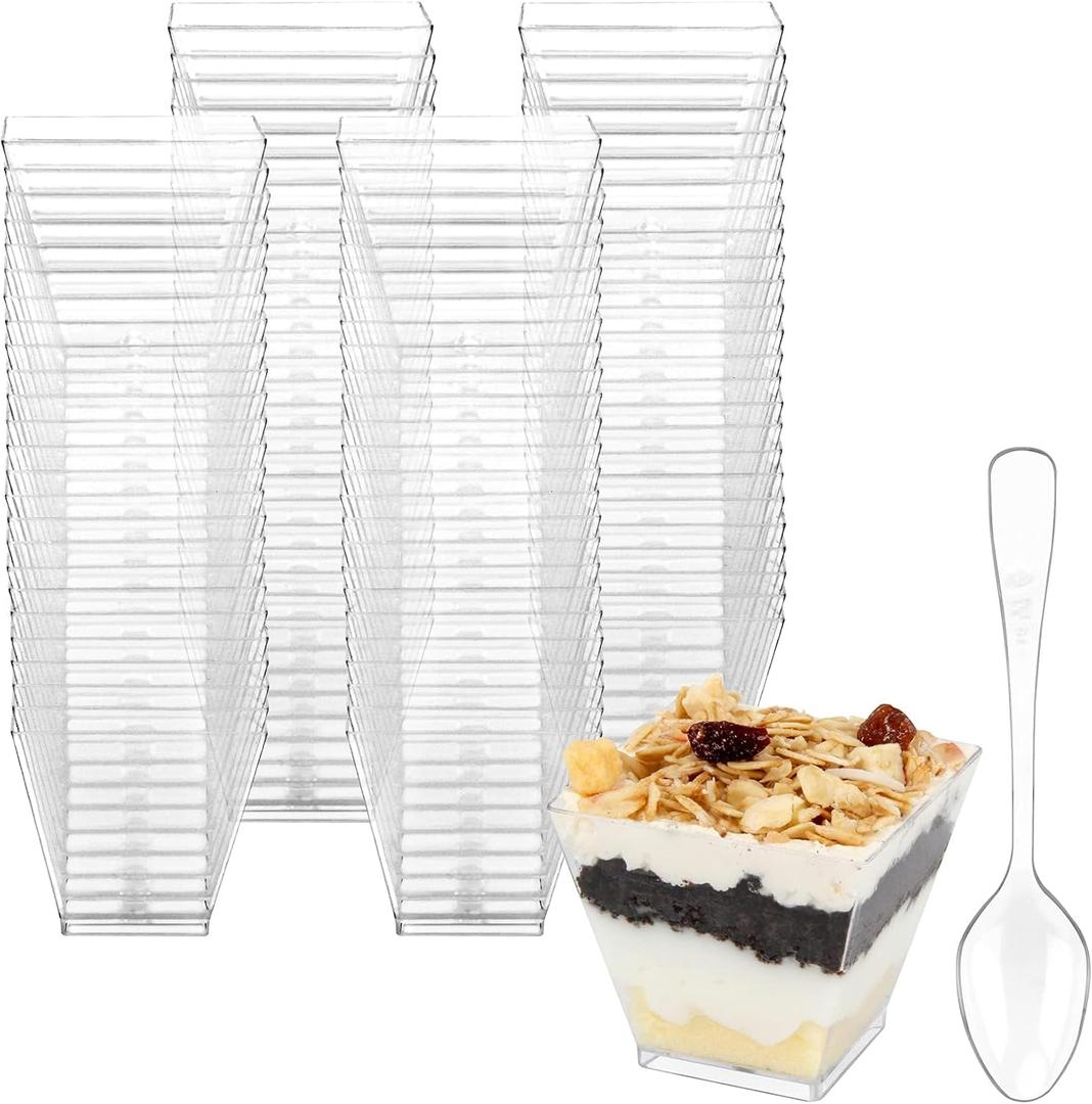 Colovis Mini Dessert Cups, 100 CT 2oz Clear Plastic Parfait Appetizer Cups with Spoons Mini Square Dessert Bowls for Serving, Tasting (100)