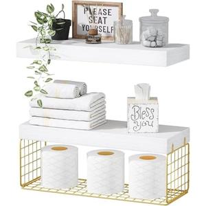 QEEIG Bathroom Shelves Over Toilet - Wall Mounted Floating Shelves Toilet Paper Storage Small Modern Decor Shelf 16 inch Set of 2, White and Gold (019-WG2) QEEIG Bathroom Shelves Over Toilet - Wall Mounted Floating Shelves Toilet Paper Storage Small Modern Decor Shelf 16 inch Set of 2, White and Gold (019-WG2)