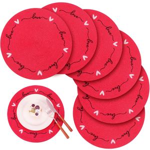 Tioncy Plastic Valentine Heart Placemats Set of 6 Round Red Love Place Mats 13.4 Inch Valentine's Day Washable Table Mats Kitchen Dinner Waterproof Placemat for Holiday Dining Table Wedding Decoration