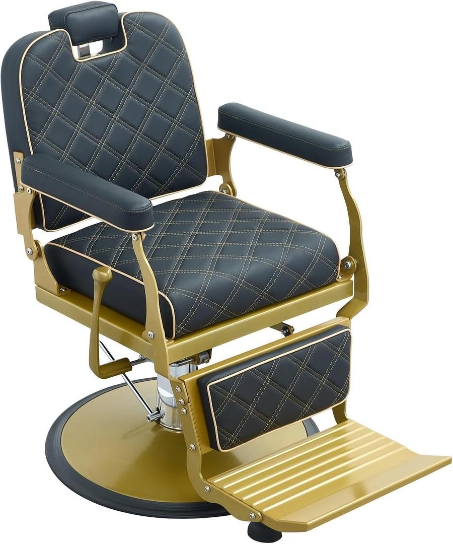 Kaleurrier Black and Gold Barber Chair: Professional Heavy Duty Recliner Salon Chair for Hair Stylist - Reclining Hydraulic Barber Shop Chairs for Home Hair Beauty Salon Massage Barbershop, Black Leather Gold Frame