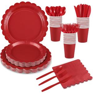 175 Pcs Red Plates and Napkins, 25 Guest Red Party Supplies Include Christmas Plates and Napkins Cups Plastic Spoons Forks Knives for Birthday, Christmas, Picnic