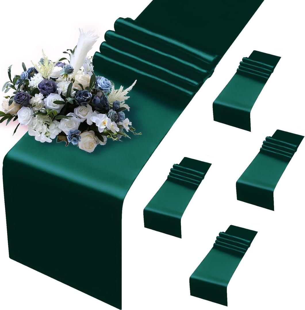 MILVOWOC 5 Pack Forest Green Satin Table Runners, 12 x 108 Inch Bright Satin Silk Table Runner Smooth Fabric Decorative Table Runner for Wedding Banquet Party Birthday Graduation