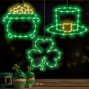 St Patricks Day Decorations Lights 3 Pack, Green Shamrock Hat Gold Pot Window Lights Up St Patricks Day Decor Indoor 8 Light Modes Remote with Timer, St Patrick's Day Window Light for Door Yard Party