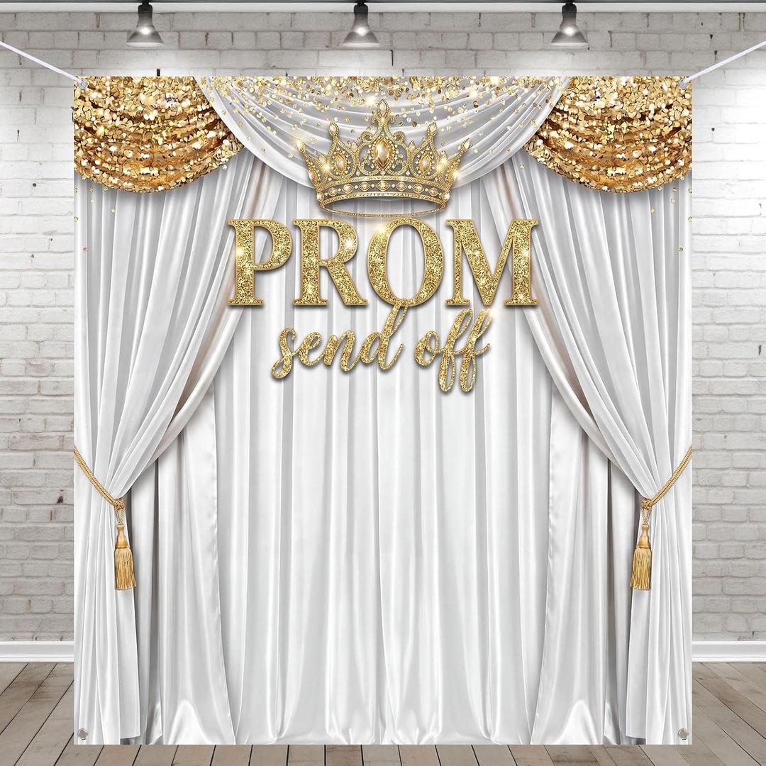 Tingjoo Prom Send Off 2026 Backdrop White and Gold Graduation Decorations 71 x 78.7 Inch Gold Crown Class of 2026 Congrats Grad Photo Background Banner for Graduations Party Favors