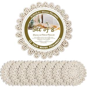 13" Round Placemats Set of 8, Corn Husk Woven Placemat, Rustic White Place Mats for Dining Table Decor, Boho Rattan Wicker Plate Chargers for Wedding Dinner Party