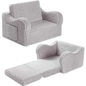 MOMCAYWEX Kids Sofa, 2-in-1 Flip-Out Foam Couch with Soft Sherpa Cover, Cozy Play Lounge Chair, Grey
