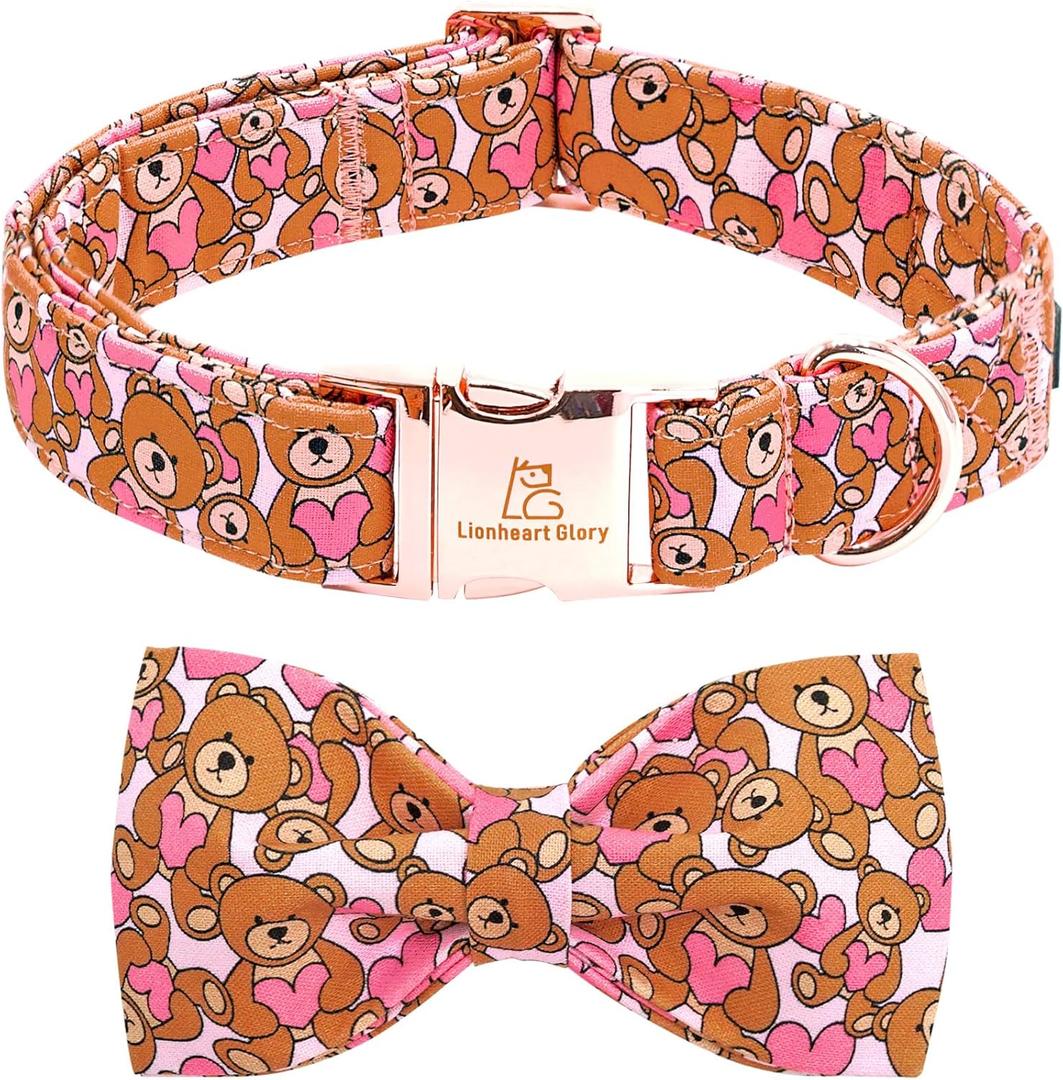 Lionheart Glory Valentine's Day Dog Collar With Bowtie for Large Dogs - Hearts Bear Spring Pink Pet Collar Bows (Large (Pack of 1)