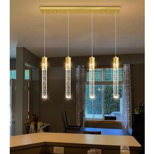 4 Lights Pendant Lights for Kitchen Island Modern Dimmable LED Crystal Chandelier Gold Pendant Light Fixture with Remote for Dining Room Living Room