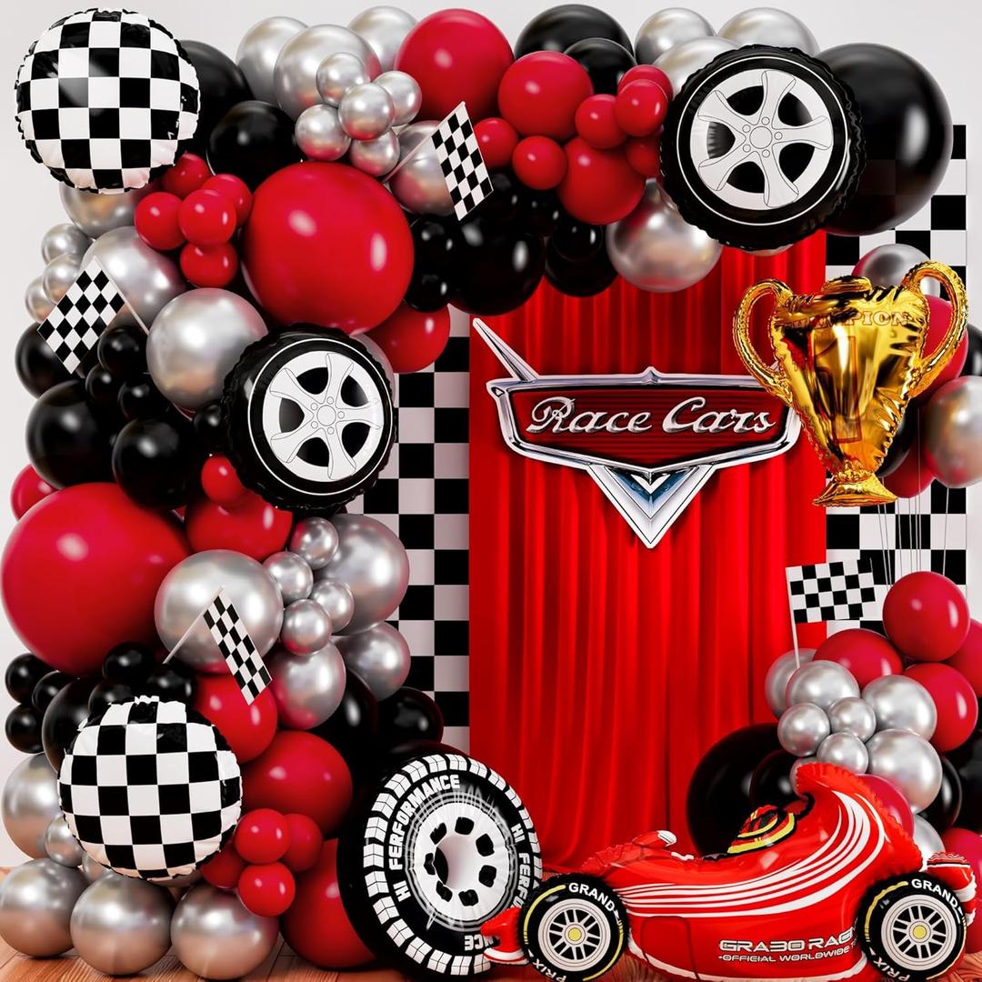 ALL-IN-1 Race Car Balloon Arch Kit with BONUS Trophy & Number 2 - Cars Balloon Garland Kit for Lightning McQueen Cars 2 Birthday Party Supplies & Hot Wheels Balloons RaceCars Decorations (Red, Black, Silver)