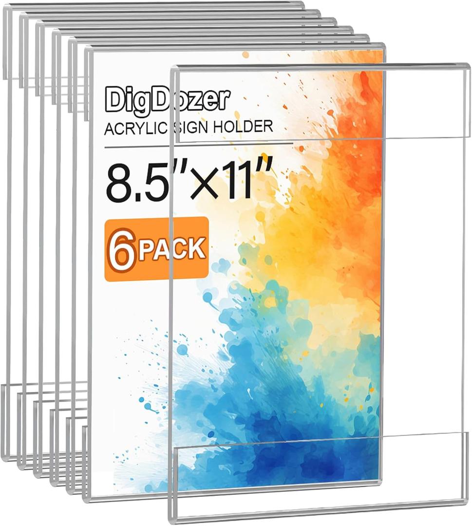 6 Pcs Acrylic Sign Holder 8.5 x 11, Vertical Wall Mount Sign Holders with Adhesive, Clear Plastic Frames Paper Display Sign Holders for Office, Home, Store, Restaurant - No Drilling