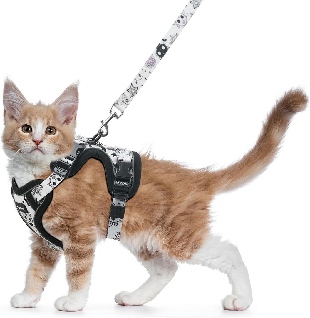 Halypet Cat Harness and Leash Set for Walking, Escape Proof Adjustable Vest Harness with 3-in-1 Integrated Buckles, Easy Control Soft Breathable Mesh with Reflective Strips for Cats, S, Moonlight Meow