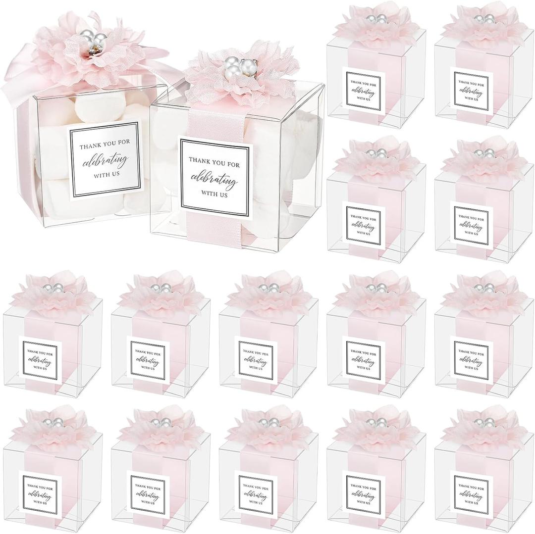 Wenqik 20 Pack Clear Wedding Favor Boxes with Light Pink Pearl Flowers, Ribbon and Thank You Stickers, Elegant Plastic Candy Gift Boxes for Bridal Shower Baby Shower, Birthday Wedding Supplies