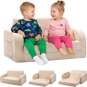 little dove 3-in-1 Extra Wide Convertible Kids Couch, Flip Open Kid Sofa, Machine-Washable Kid Couch for Girls, Kids Sofa for Fun Playtime, Beige,Corduroy