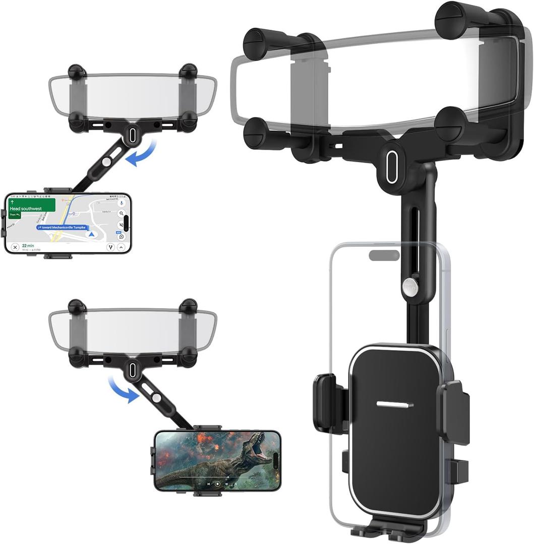 SOOPII Rearview Mirror Phone Holder for Car, 360 Rotating and Retractable Rear View Mirror Phone Mount with Adjustable Length, Universal Car Phone Holder for 4-7 Inch Cell Phones (Detachable)