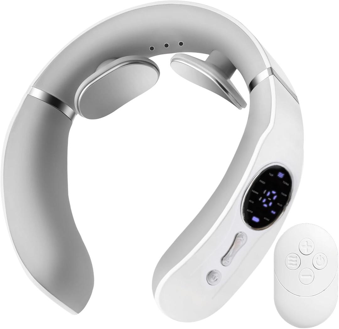 Neck Massager for Pain Relief Deep Tissue, Portable Electric Neck Mass-AGER with Heat, Lymphatic Drainage Massa-ger with 10 Modes & 16 Levels, Relaxation Gifts for Women Men Dad Mom, White