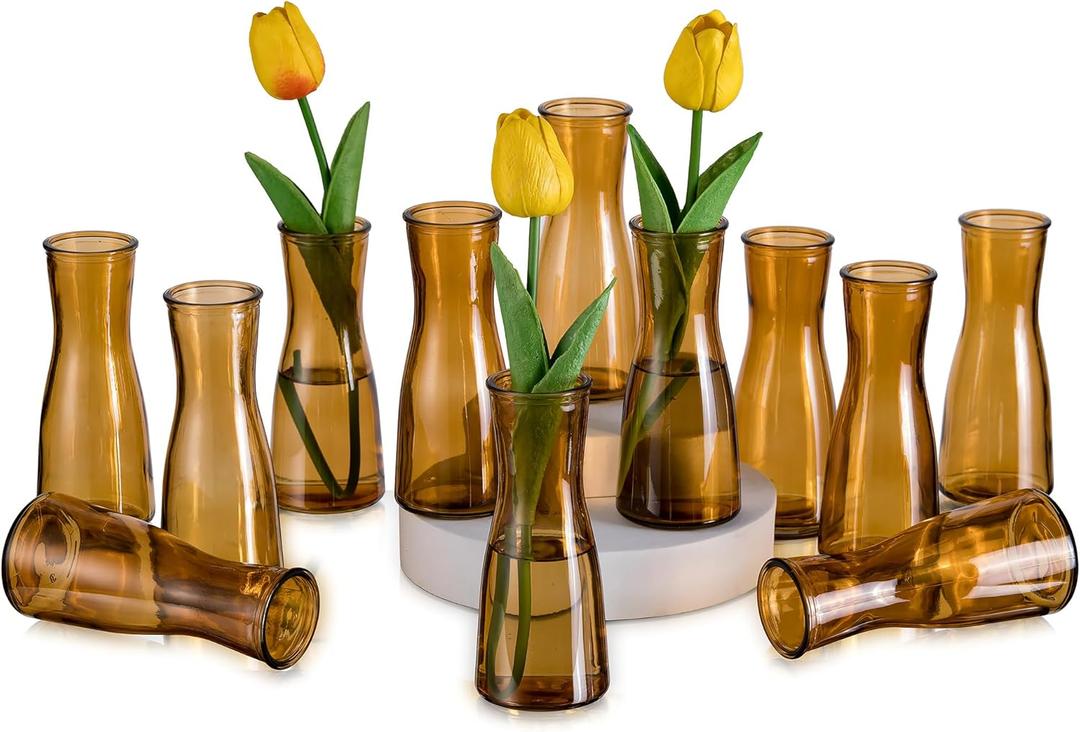 Glasseam Brown Glass Bud Vase: Small Set of 12 Mini Vases for Centerpieces, Flowers, Wedding Table, Dining Room Decoration - Modern Minimalist Cute Decorative Decor