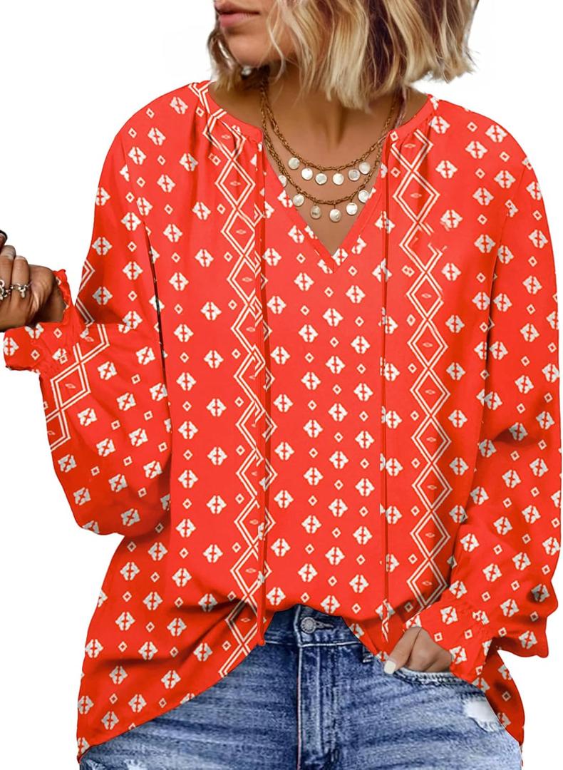 Eytino Plus Size Tops for Women V Neck Long Sleeve Drawstring Floral Boho Print Blouse Shirts Vacation Outfits(4X)