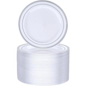 BESTVIP 100PCS 7 Inch Silver Plastic Dessert Plates, Disposable Plate with Silver Rim for Salad/Samll Cakes, Heavy Duty Plates for Party, Wedding and Birthday, Events